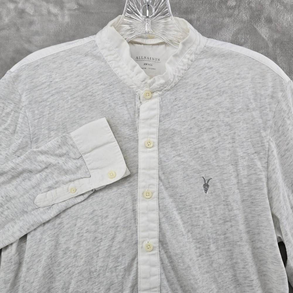 AllSaints Mens Small Henley Shirt Grey Grandad Collar Long Sleeve Ramskull Logo